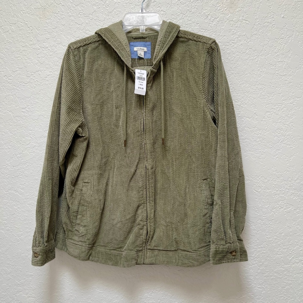 LL Bean Women L Comfort Corduroy Zip Hoodie Sea Grass Green NWT Utility Neutral